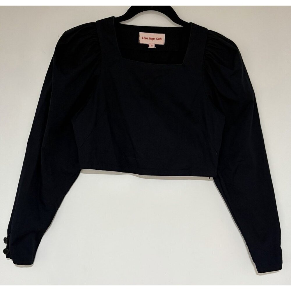 Lisa Says Gah Women’s Maddie Navy Cotton Square Neck Puff Sleeve Blouse Sz XS - Picture 2 of 9